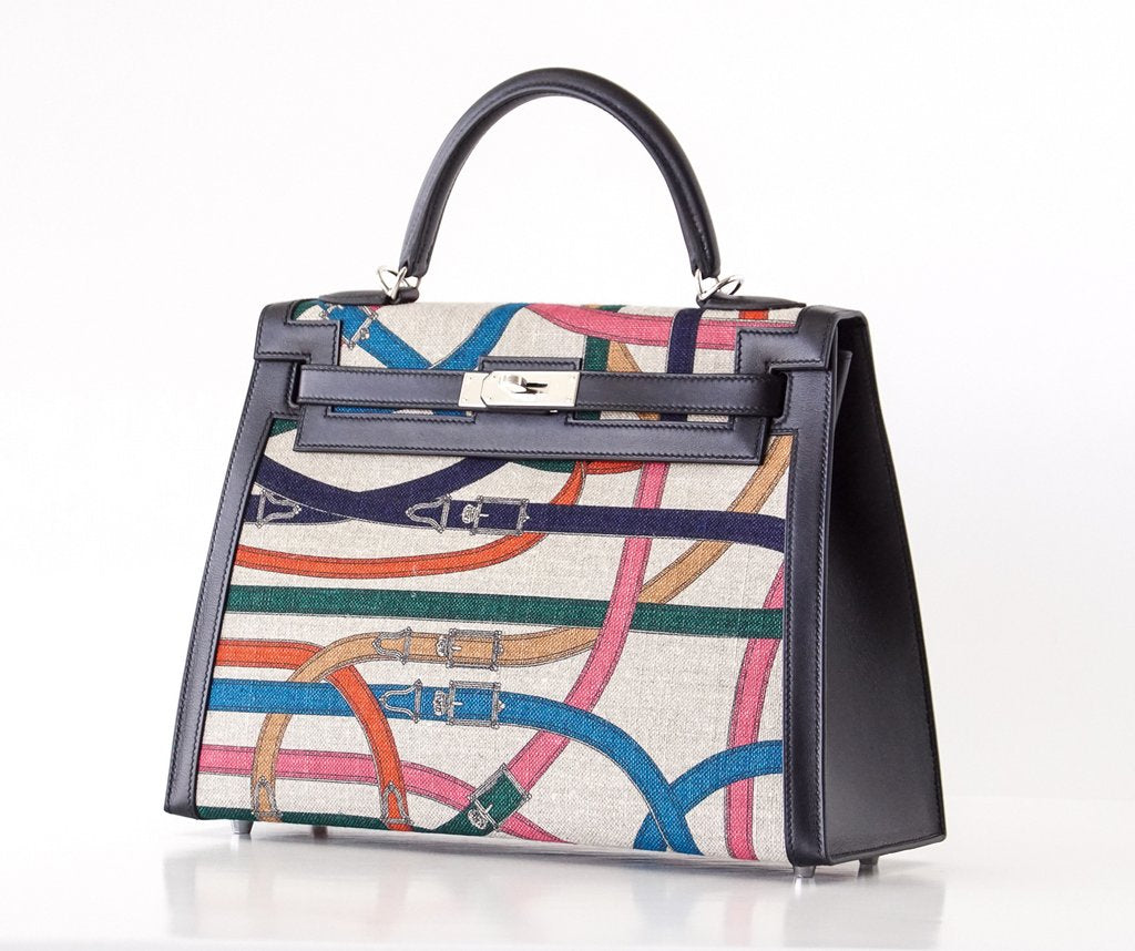 Hermes Kelly 32 Cavalcadour Print Noir Toile de Camp Swift Leather Palladium Hardware
