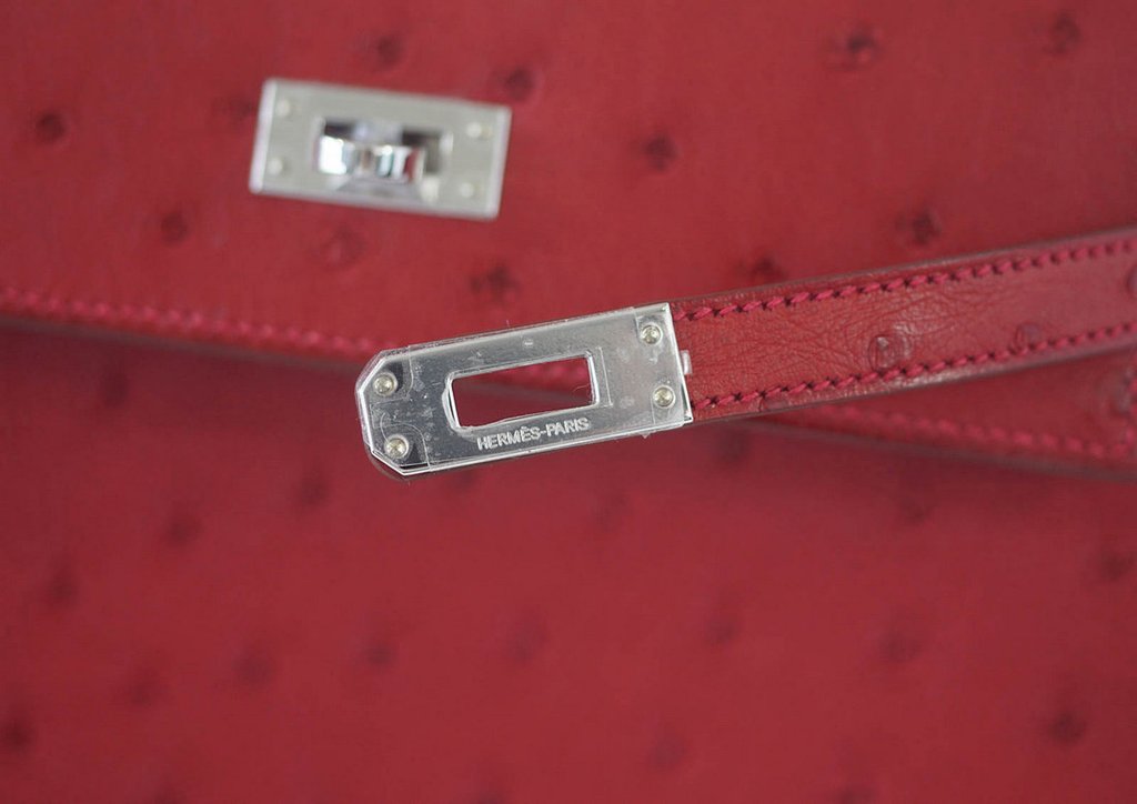Hermes Kelly Sellier 25 Rouge Vif Ostrich Palladium Hardware