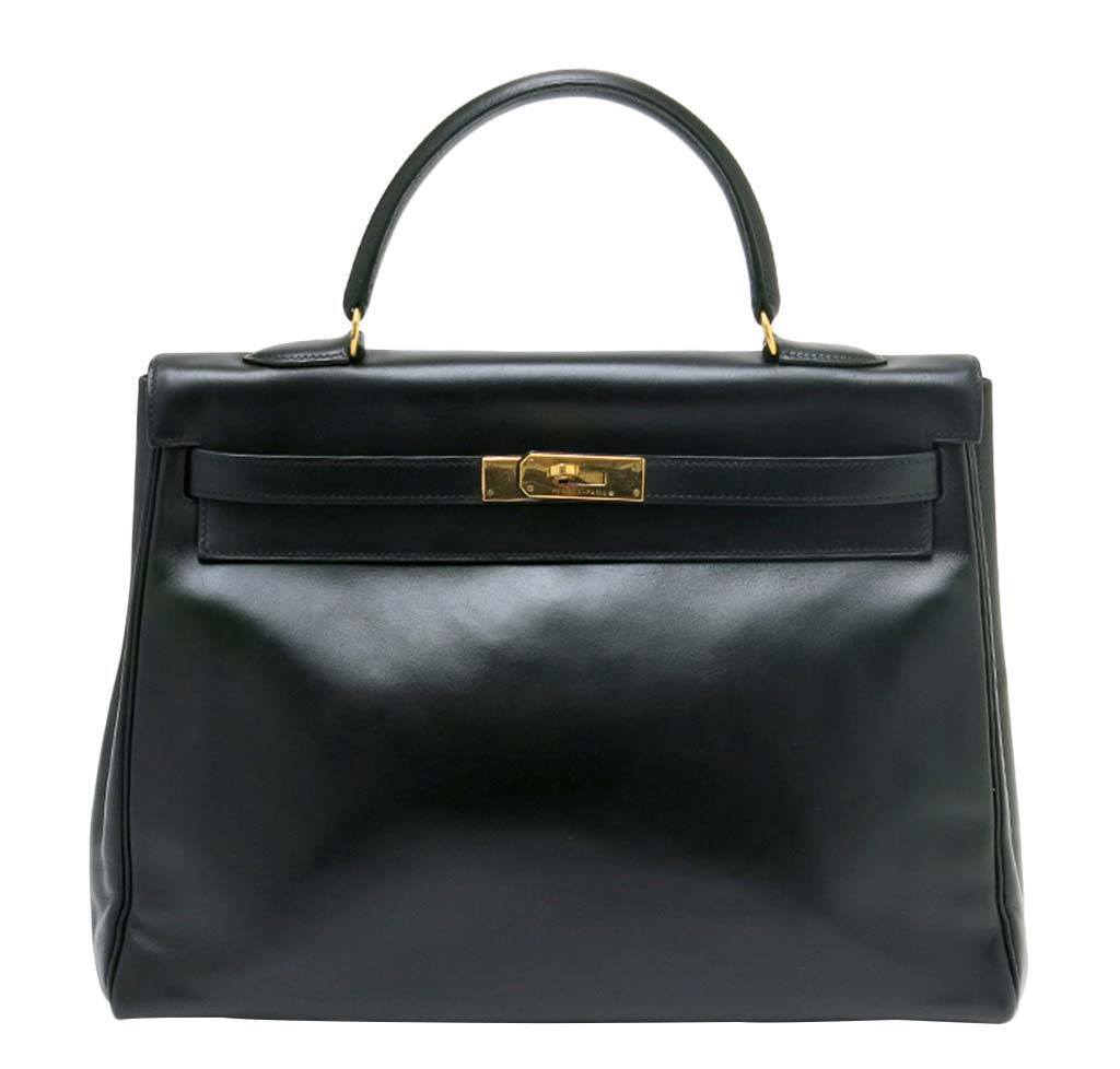 Hermes Kelly 35 Black Box Calf Leather Gold Hardware