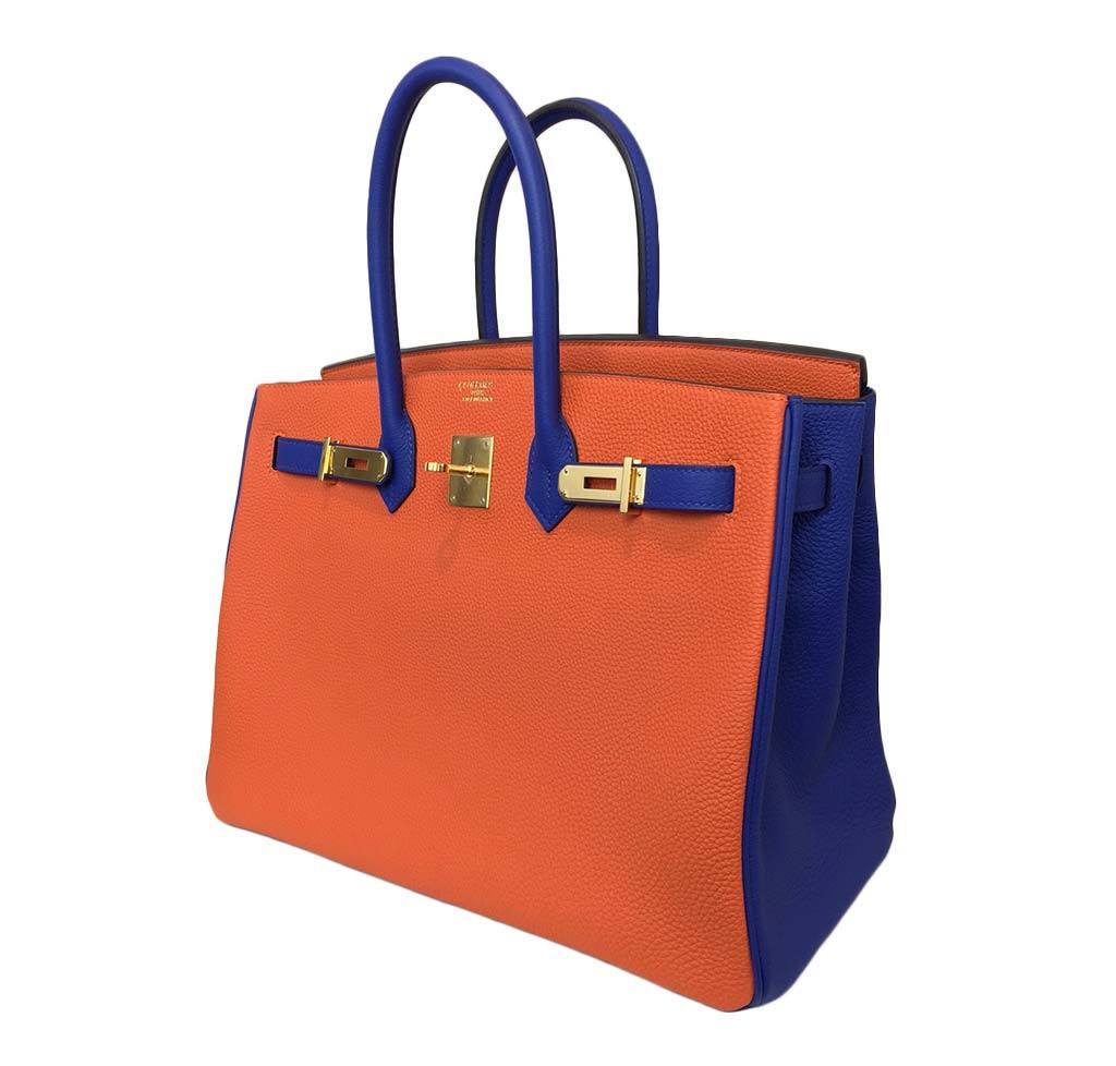 Hermes Birkin 35 HSS Blue Electric Orange Togo Leather Gold Hardware