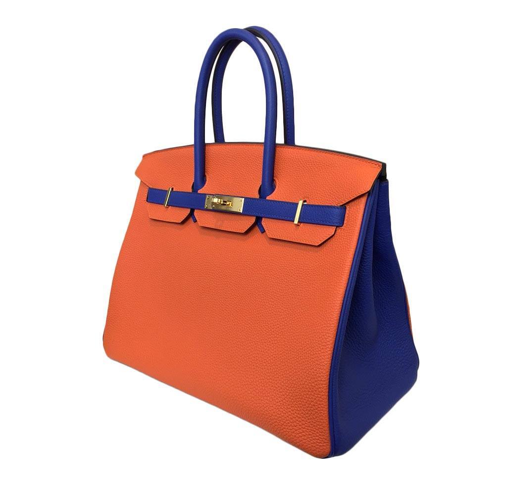 Hermes Birkin 35 HSS Blue Electric Orange Togo Leather Gold Hardware