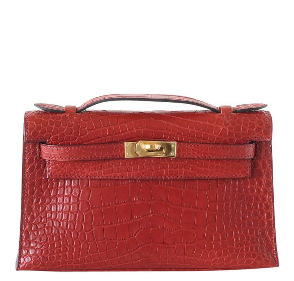 Hermes JPG Kelly Pochette Rouge H Matte Alligator Gold Hardware