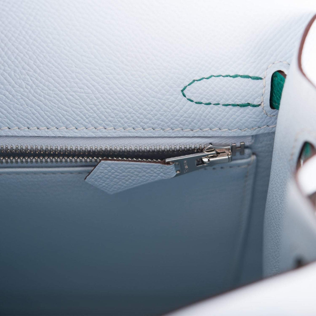 Hermes Kelly Sellier 25 Tri-Color Bleu Brume, Vert Jade and Gold Epsom Palladium Hardware