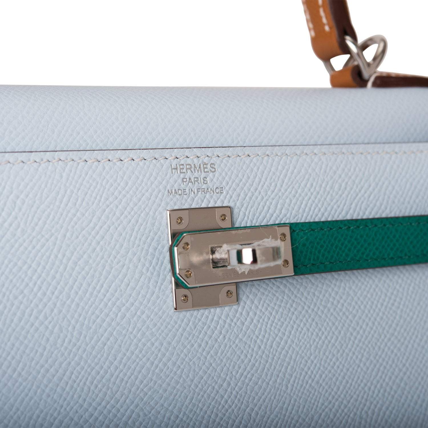 Hermes Kelly Sellier 25 Tri-Color Bleu Brume, Vert Jade and Gold Epsom Palladium Hardware