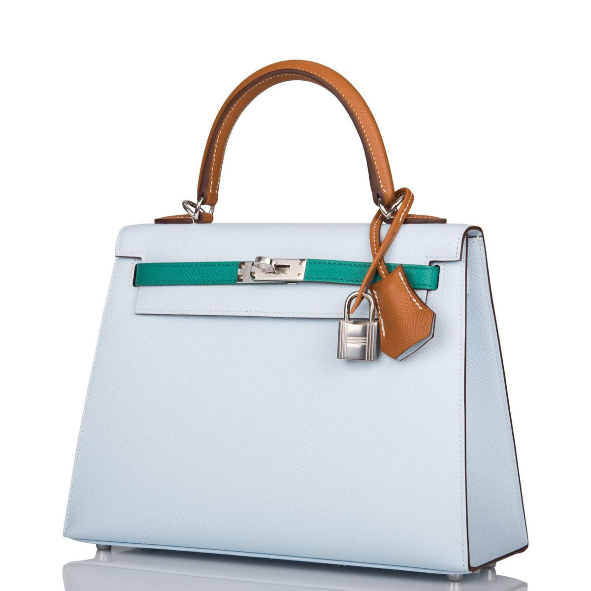 Hermes Kelly Sellier 25 Tri-Color Bleu Brume, Vert Jade and Gold Epsom Palladium Hardware