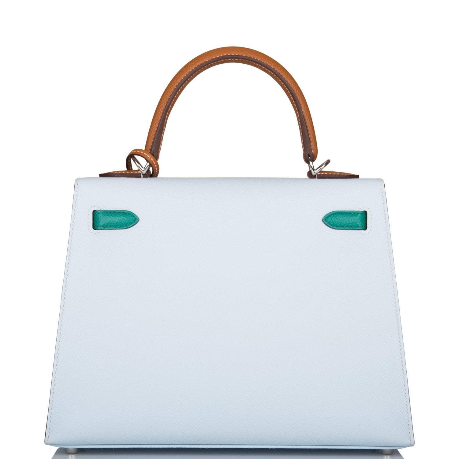 Hermes Kelly Sellier 25 Tri-Color Bleu Brume, Vert Jade and Gold Epsom Palladium Hardware