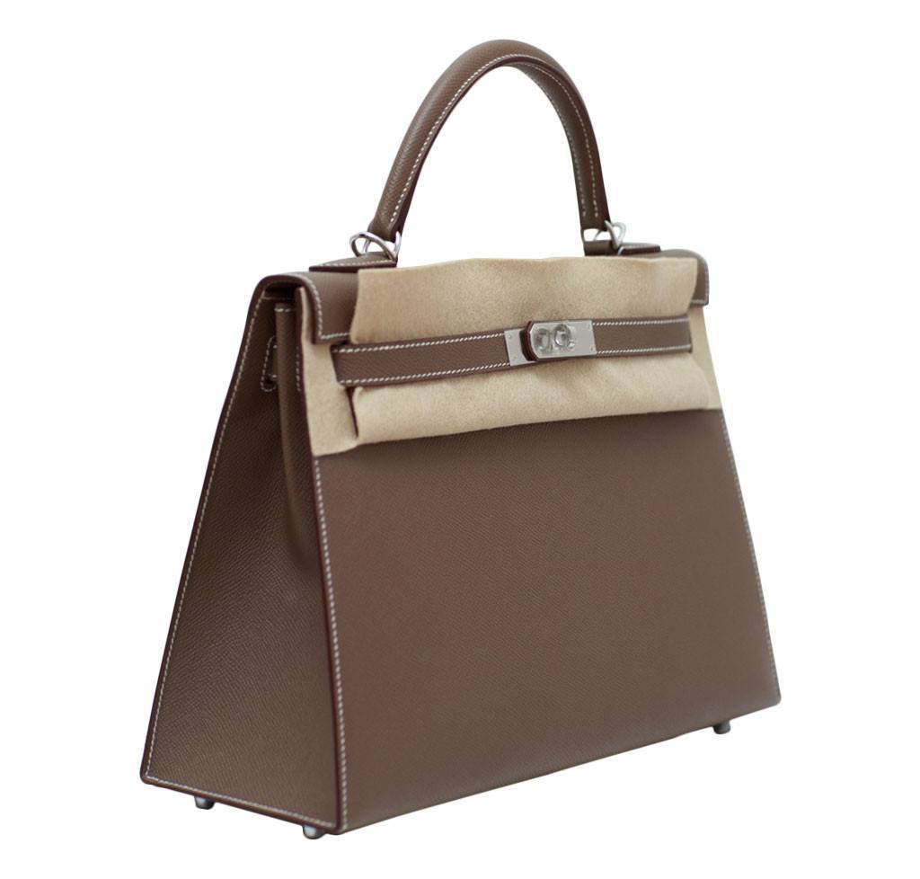 Hermes Kelly Sellier 32 Etoupe Epsom Leather Palladium Hardware