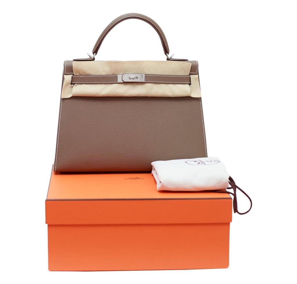 Hermes Kelly Sellier 32 Etoupe Epsom Leather Palladium Hardware