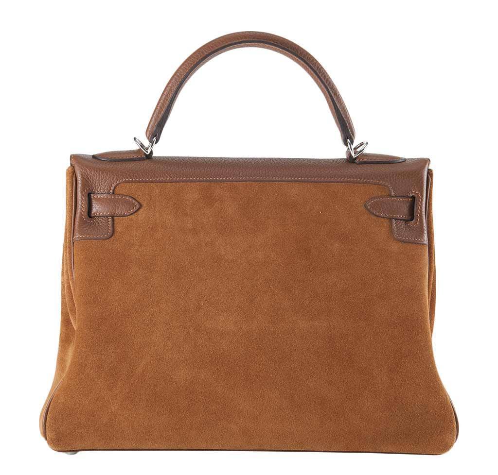 Hermes Kelly Grizzly 32 Fauve Gold Suede Togo Leather Palladium Hardware