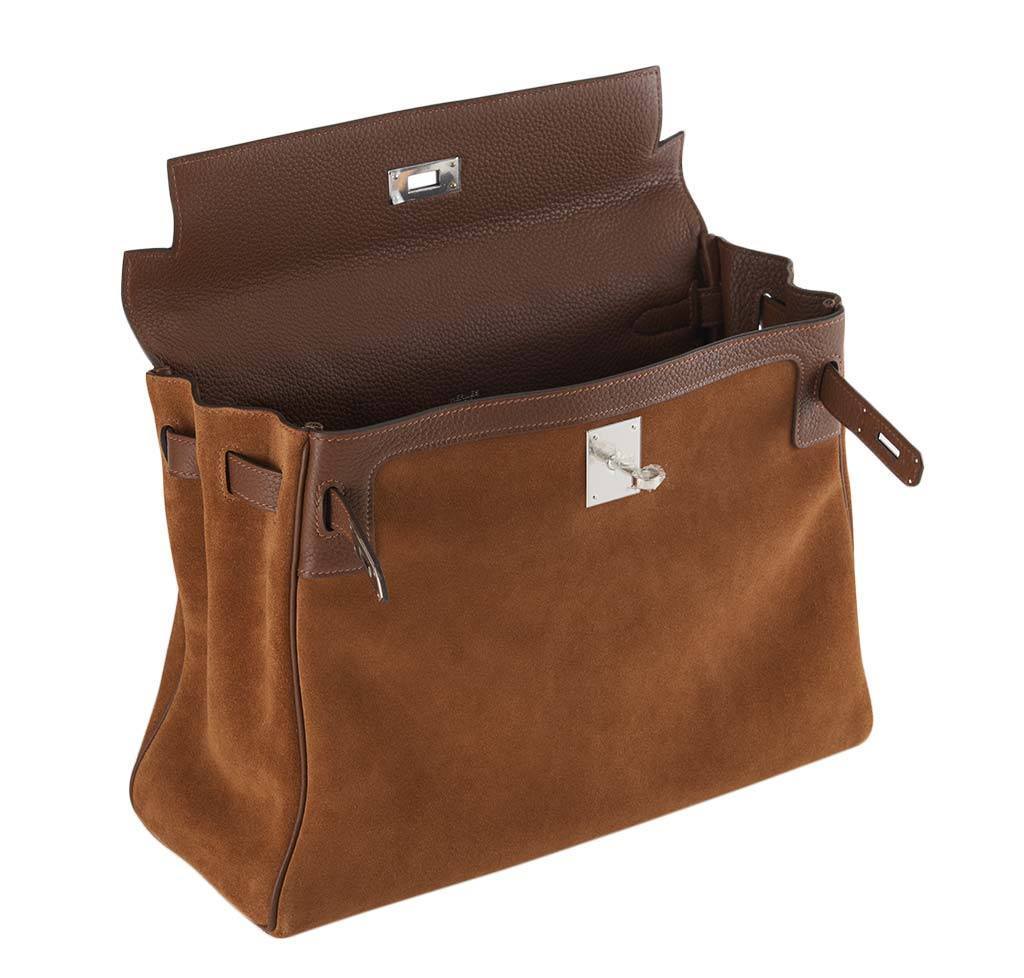 Hermes Kelly Grizzly 32 Fauve Gold Suede Togo Leather Palladium Hardware