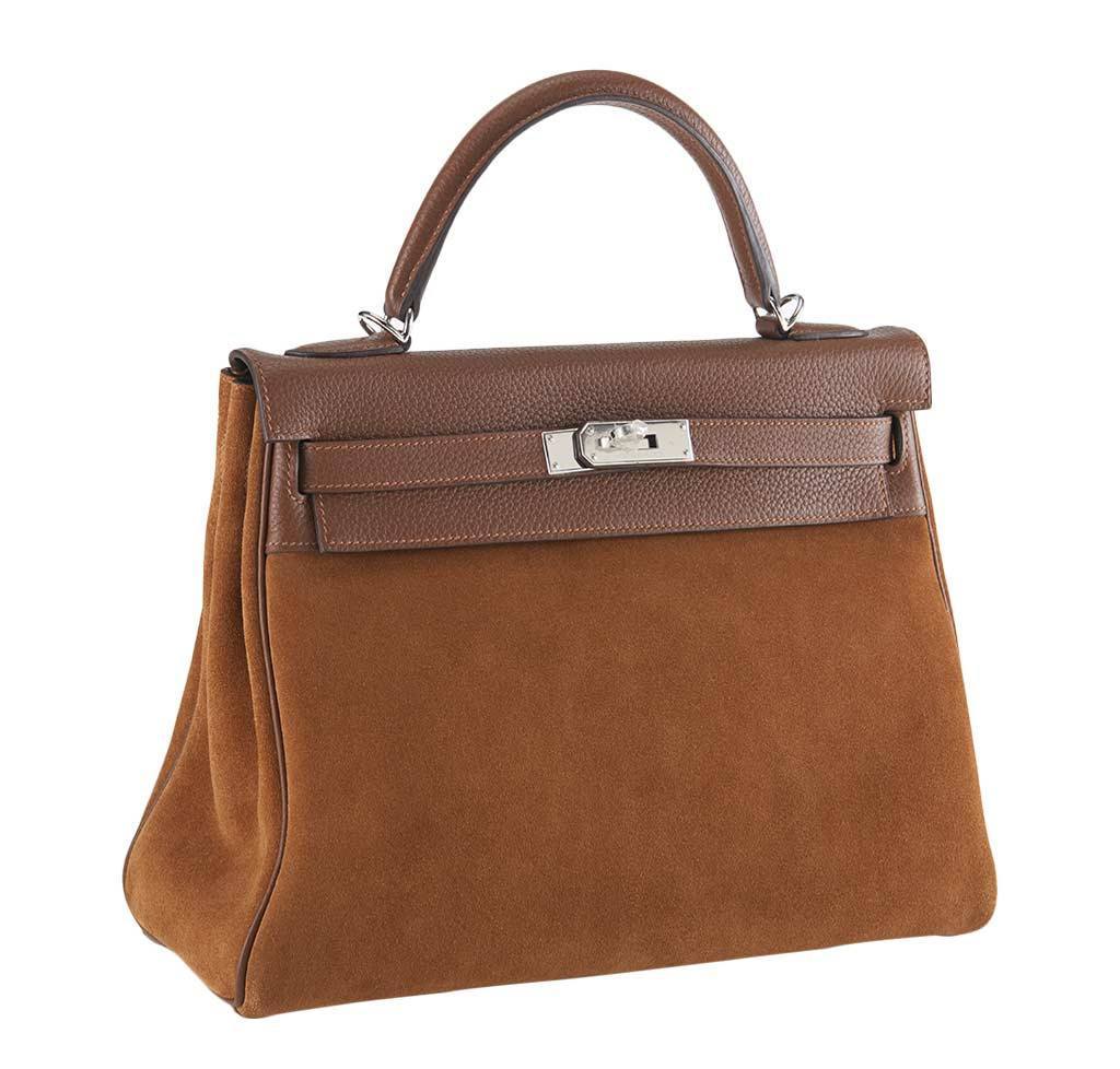 Hermes Kelly Grizzly 32 Fauve Gold Suede Togo Leather Palladium Hardware