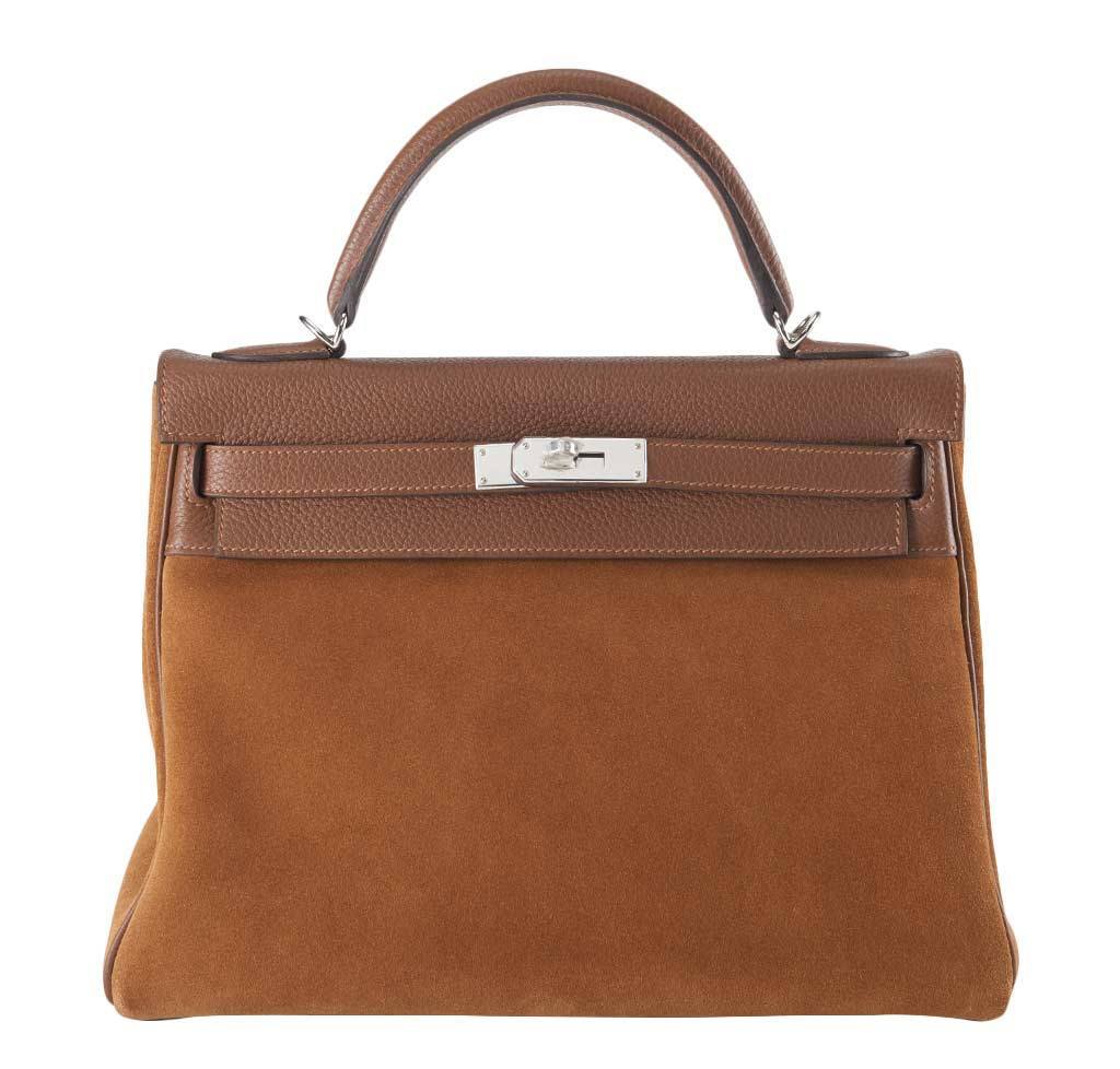 Hermes Kelly Grizzly 32 Fauve Gold Suede Togo Leather Palladium Hardware
