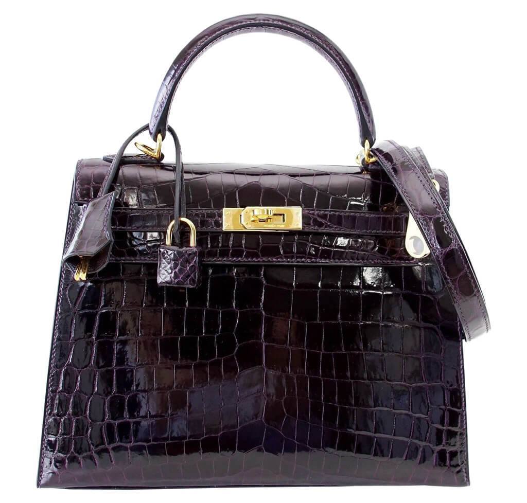 Hermes Kelly Sellier 25 Prunoir Crocodile Gold Hardware