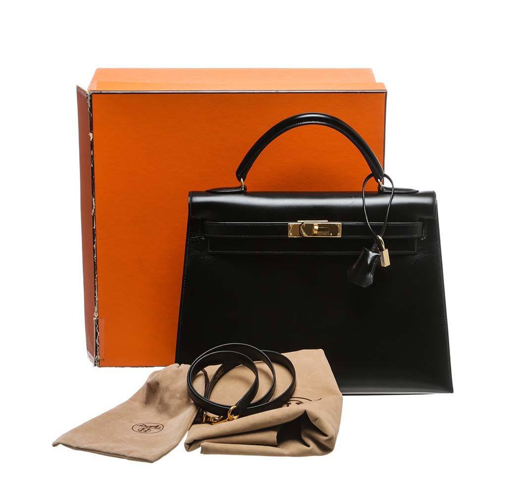 Hermes Kelly 32 Black Box Leather Gold Hardware
