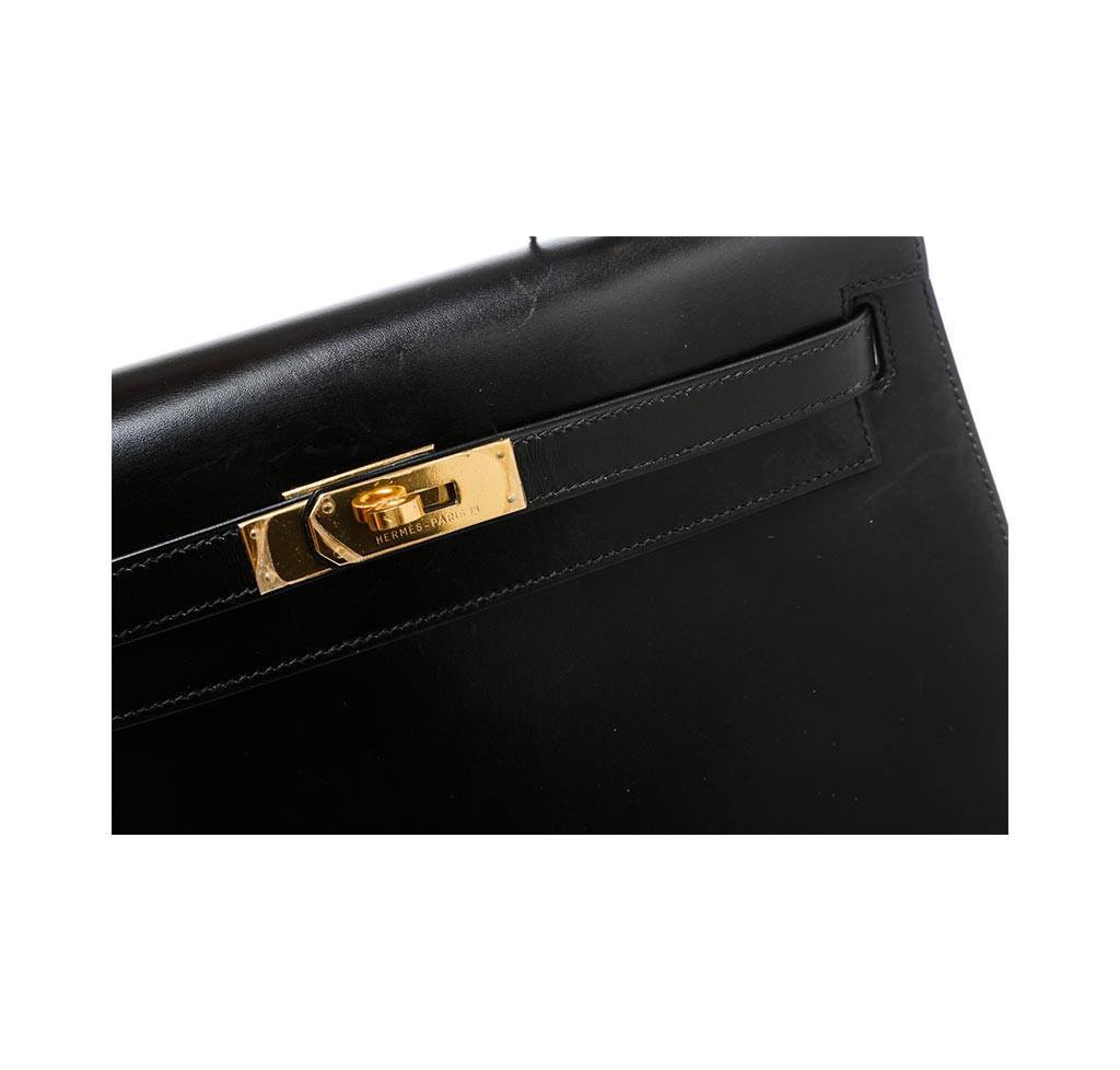 Hermes Kelly 32 Black Box Leather Gold Hardware