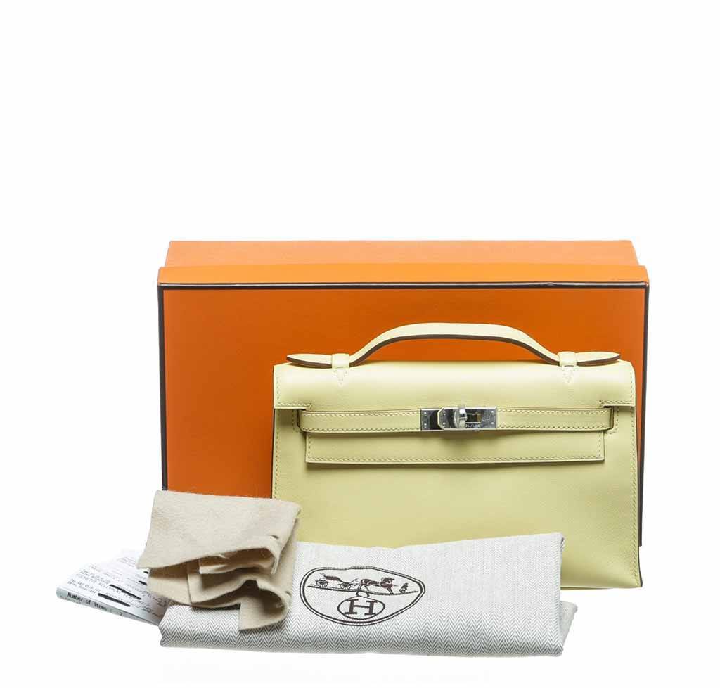 Hermes Kelly Pochette Mini Soufre Swift Leather Palladium Hardware