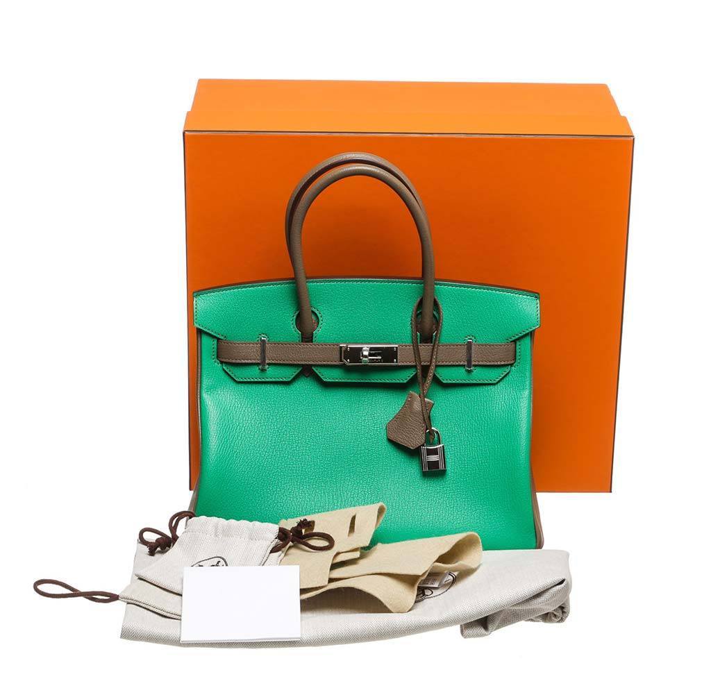 Hermes Birkin 30 Green & Brown Chevre Leather Palladium Hardware
