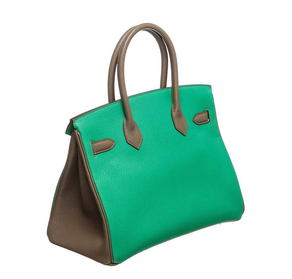 Hermes Birkin 30 Green & Brown Chevre Leather Palladium Hardware