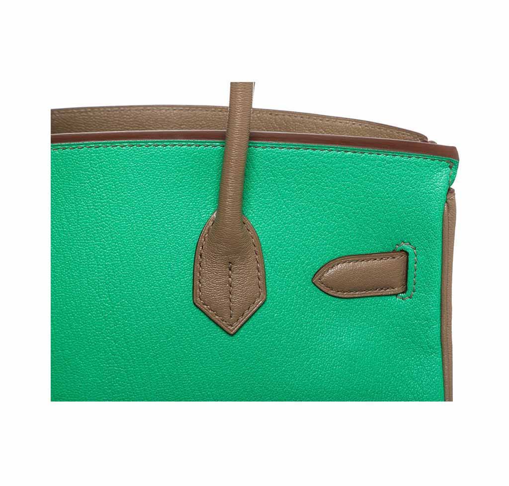 Hermes Birkin 30 Green & Brown Chevre Leather Palladium Hardware