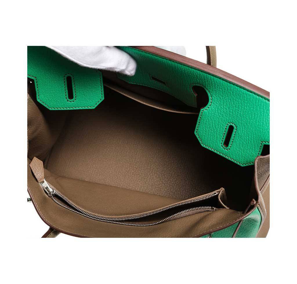 Hermes Birkin 30 Green & Brown Chevre Leather Palladium Hardware