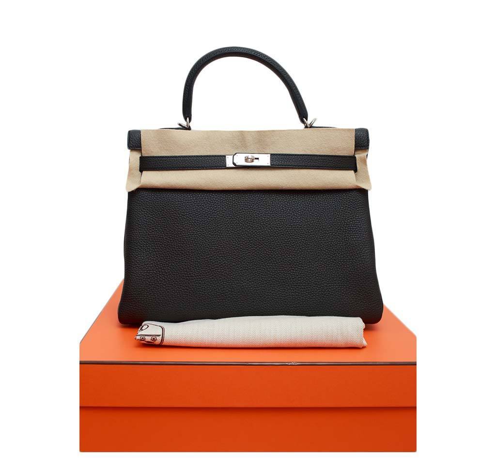 Hermes Kelly Retourne 35 Black Plomb Clemence Leather Palladium Hardware