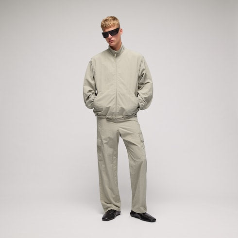 Froissé nylon faille zip jacket with embroidery - beige