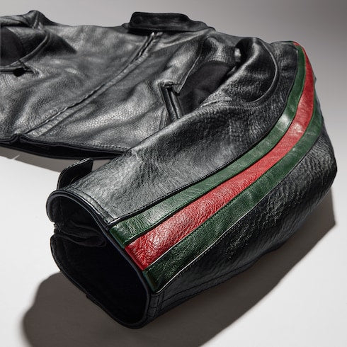 Leather biker jacket with Web - black