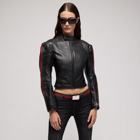 Leather biker jacket with Web - black