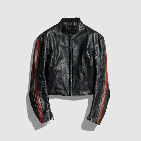 Leather biker jacket with Web - black