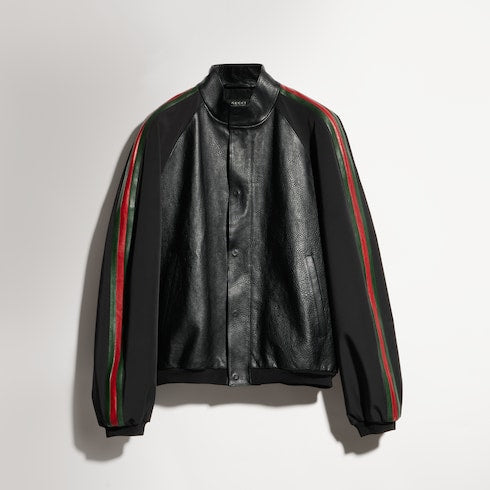 Leather bomber jacket with Web - black